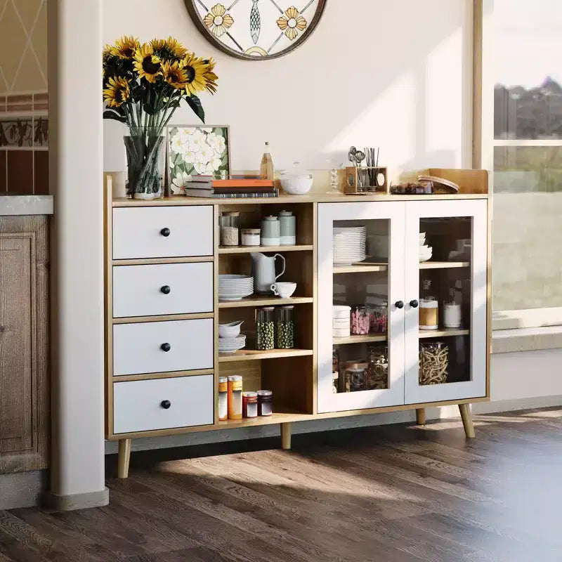 55'' Kitchen Buffet Storage Cabinet, Farmhouse Pantry Cabinet with Glass Doors & Drawers, Open Storage & Adjustable Shelf, Cupboard for Dining Room