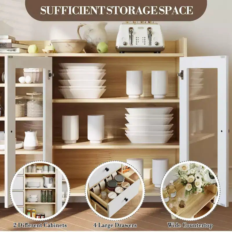 55'' Kitchen Buffet Storage Cabinet, Farmhouse Pantry Cabinet with Glass Doors & Drawers, Open Storage & Adjustable Shelf, Cupboard for Dining Room