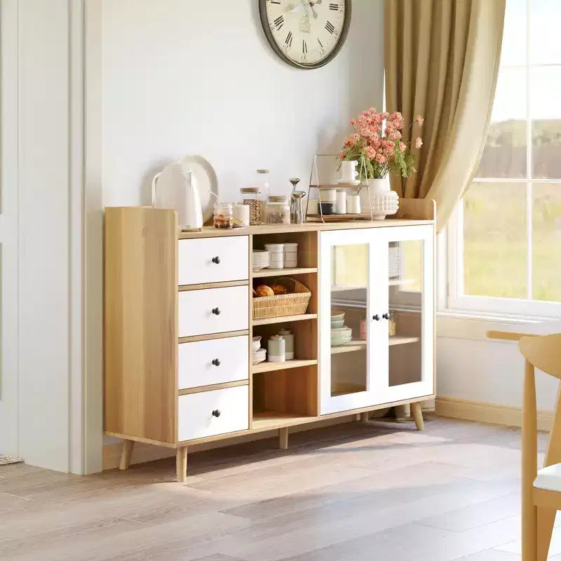 55'' Kitchen Buffet Storage Cabinet, Farmhouse Pantry Cabinet with Glass Doors & Drawers, Open Storage & Adjustable Shelf, Cupboard for Dining Room