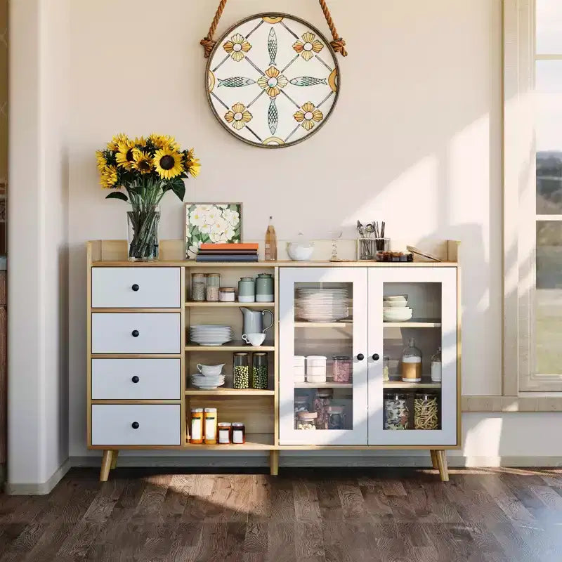 55'' Kitchen Buffet Storage Cabinet, Farmhouse Pantry Cabinet with Glass Doors & Drawers, Open Storage & Adjustable Shelf, Cupboard for Dining Room