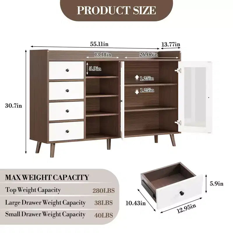 55'' Kitchen Buffet Storage Cabinet, Farmhouse Pantry Cabinet with Glass Doors & Drawers, Open Storage & Adjustable Shelf, Cupboard for Dining Room