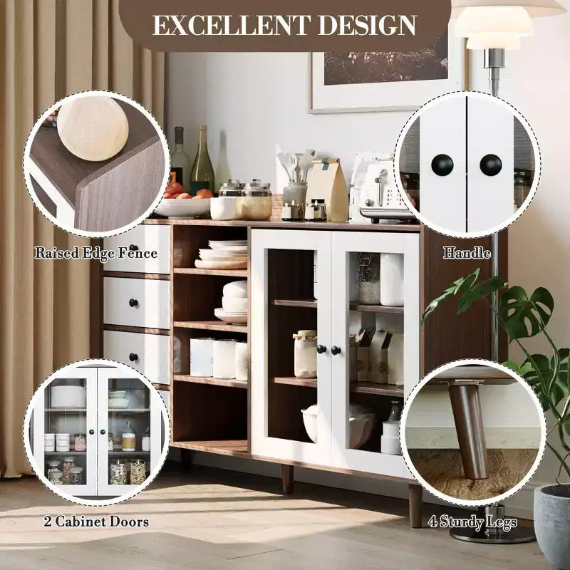 55'' Kitchen Buffet Storage Cabinet, Farmhouse Pantry Cabinet with Glass Doors & Drawers, Open Storage & Adjustable Shelf, Cupboard for Dining Room