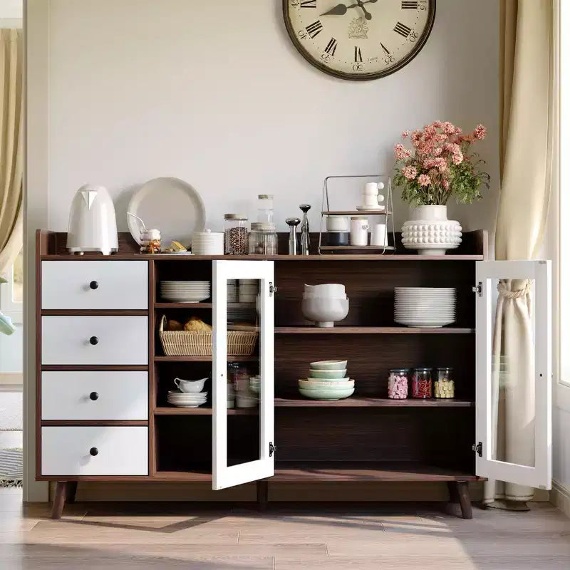 55'' Kitchen Buffet Storage Cabinet, Farmhouse Pantry Cabinet with Glass Doors & Drawers, Open Storage & Adjustable Shelf, Cupboard for Dining Room