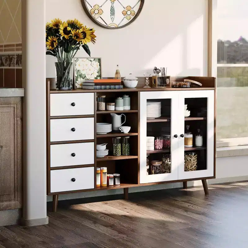 55'' Kitchen Buffet Storage Cabinet, Farmhouse Pantry Cabinet with Glass Doors & Drawers, Open Storage & Adjustable Shelf, Cupboard for Dining Room