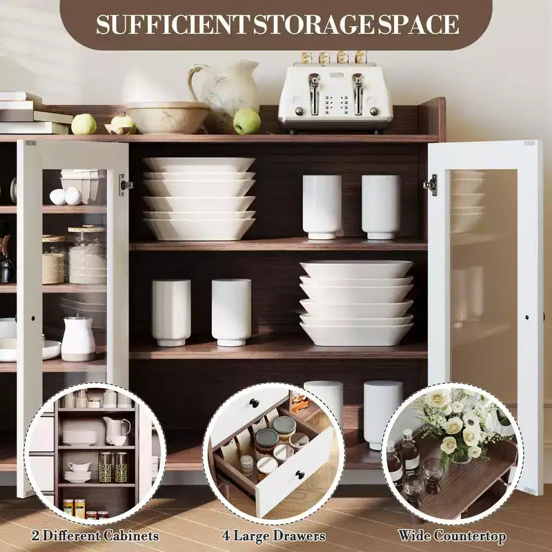 55'' Kitchen Buffet Storage Cabinet, Farmhouse Pantry Cabinet with Glass Doors & Drawers, Open Storage & Adjustable Shelf, Cupboard for Dining Room