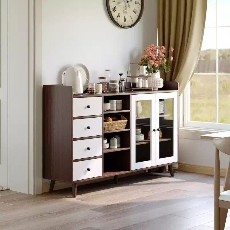55'' Kitchen Buffet Storage Cabinet, Farmhouse Pantry Cabinet with Glass Doors & Drawers, Open Storage & Adjustable Shelf, Cupboard for Dining Room
