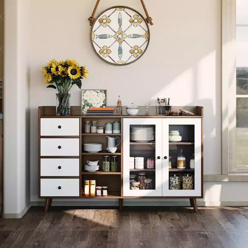 55'' Kitchen Buffet Storage Cabinet, Farmhouse Pantry Cabinet with Glass Doors & Drawers, Open Storage & Adjustable Shelf, Cupboard for Dining Room