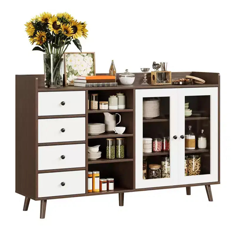 55'' Kitchen Buffet Storage Cabinet, Farmhouse Pantry Cabinet with Glass Doors & Drawers, Open Storage & Adjustable Shelf, Cupboard for Dining Room