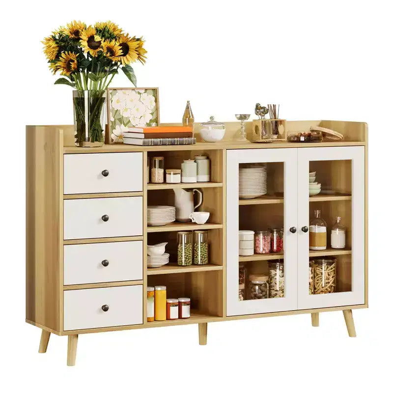 55'' Kitchen Buffet Storage Cabinet, Farmhouse Pantry Cabinet with Glass Doors & Drawers, Open Storage & Adjustable Shelf, Cupboard for Dining Room