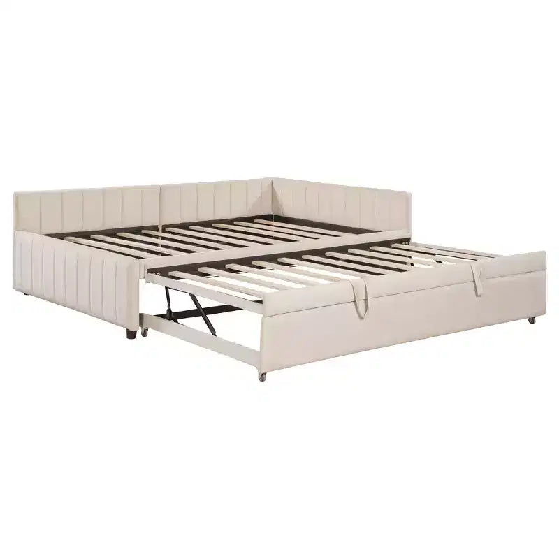 Full Size L Shaped Platform Bed with Pop Up Trundle, Wood Upholstered Corner Bed Frame for Bedroom
