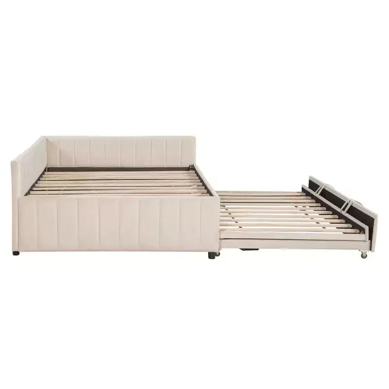Full Size L Shaped Platform Bed with Pop Up Trundle, Wood Upholstered Corner Bed Frame for Bedroom