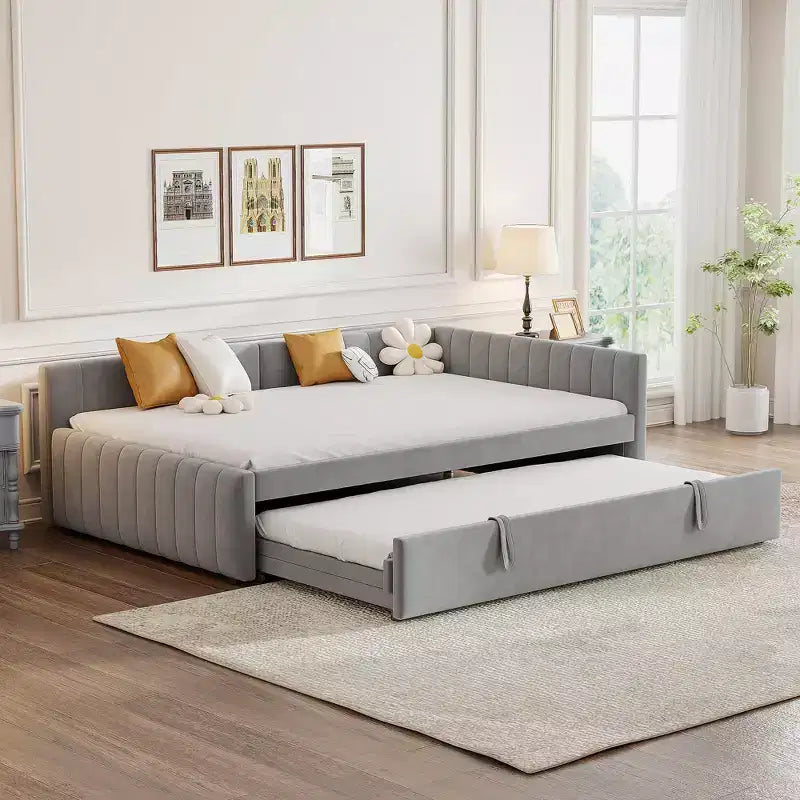 Full Size L Shaped Platform Bed with Pop Up Trundle, Wood Upholstered Corner Bed Frame for Bedroom