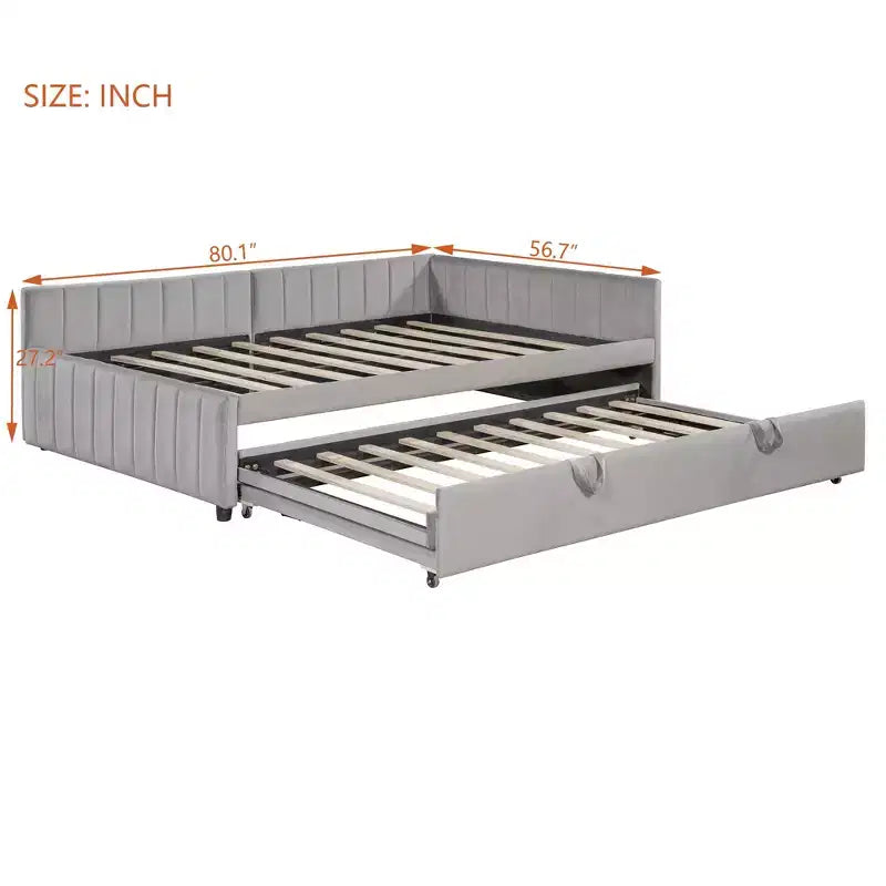 Full Size L Shaped Platform Bed with Pop Up Trundle, Wood Upholstered Corner Bed Frame for Bedroom