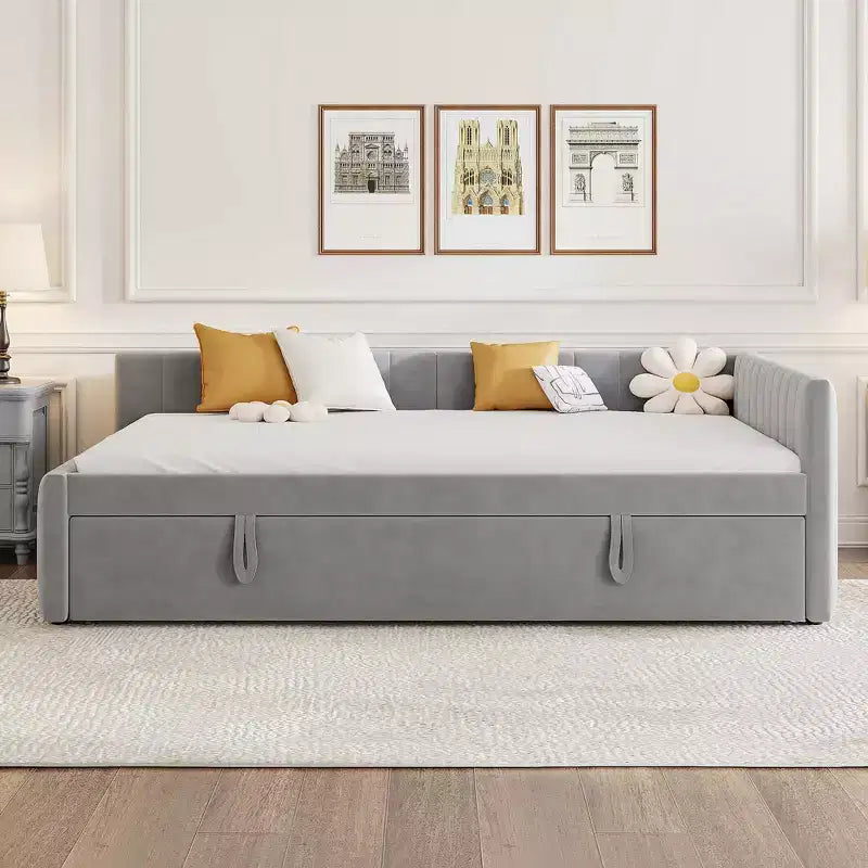 Full Size L Shaped Platform Bed with Pop Up Trundle, Wood Upholstered Corner Bed Frame for Bedroom