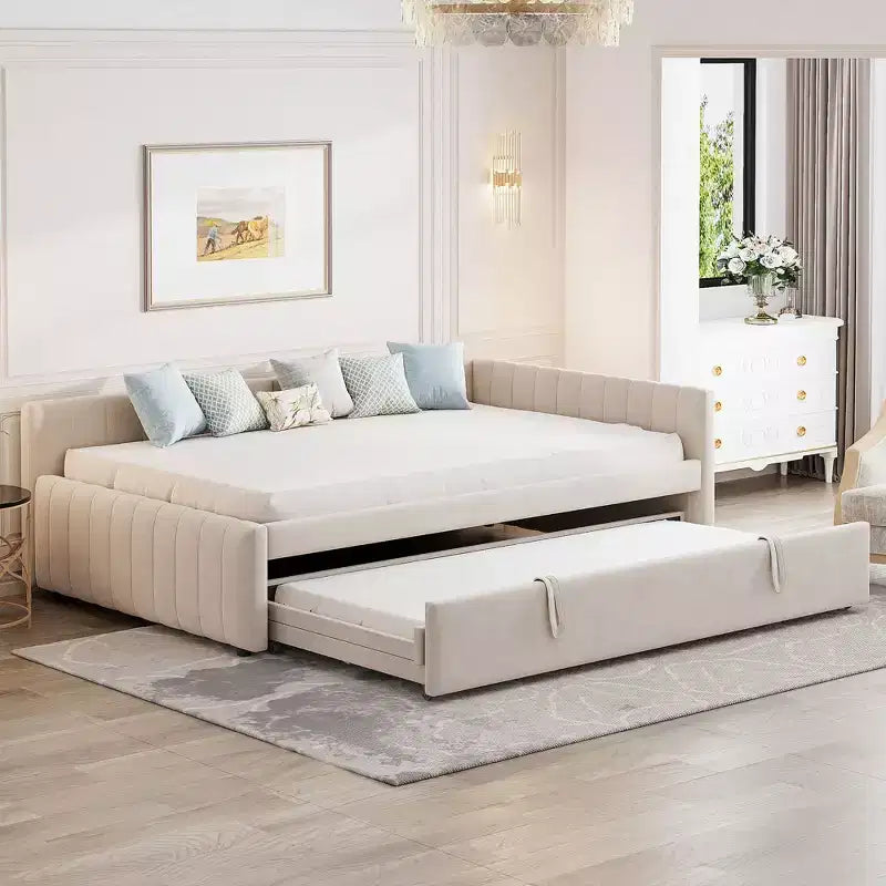 Full Size L Shaped Platform Bed with Pop Up Trundle, Wood Upholstered Corner Bed Frame for Bedroom
