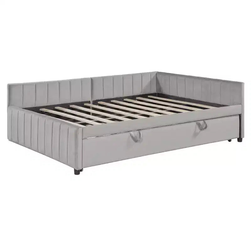 Full Size L Shaped Platform Bed with Pop Up Trundle, Wood Upholstered Corner Bed Frame for Bedroom