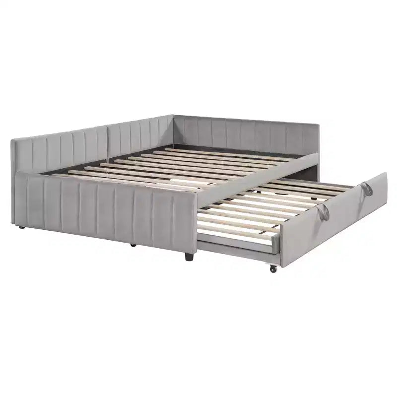 Full Size L Shaped Platform Bed with Pop Up Trundle, Wood Upholstered Corner Bed Frame for Bedroom