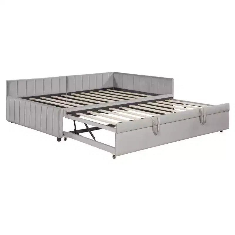 Full Size L Shaped Platform Bed with Pop Up Trundle, Wood Upholstered Corner Bed Frame for Bedroom