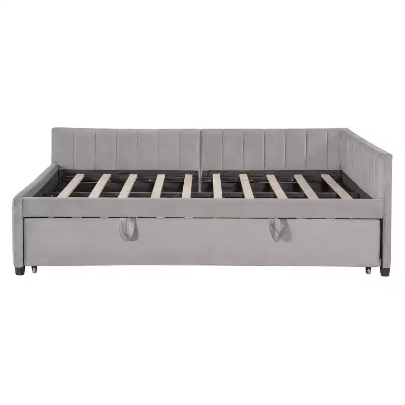 Full Size L Shaped Platform Bed with Pop Up Trundle, Wood Upholstered Corner Bed Frame for Bedroom