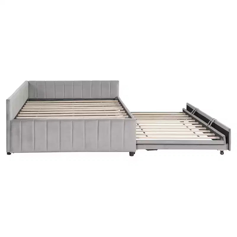 Full Size L Shaped Platform Bed with Pop Up Trundle, Wood Upholstered Corner Bed Frame for Bedroom