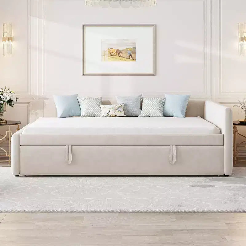 Full Size L Shaped Platform Bed with Pop Up Trundle, Wood Upholstered Corner Bed Frame for Bedroom