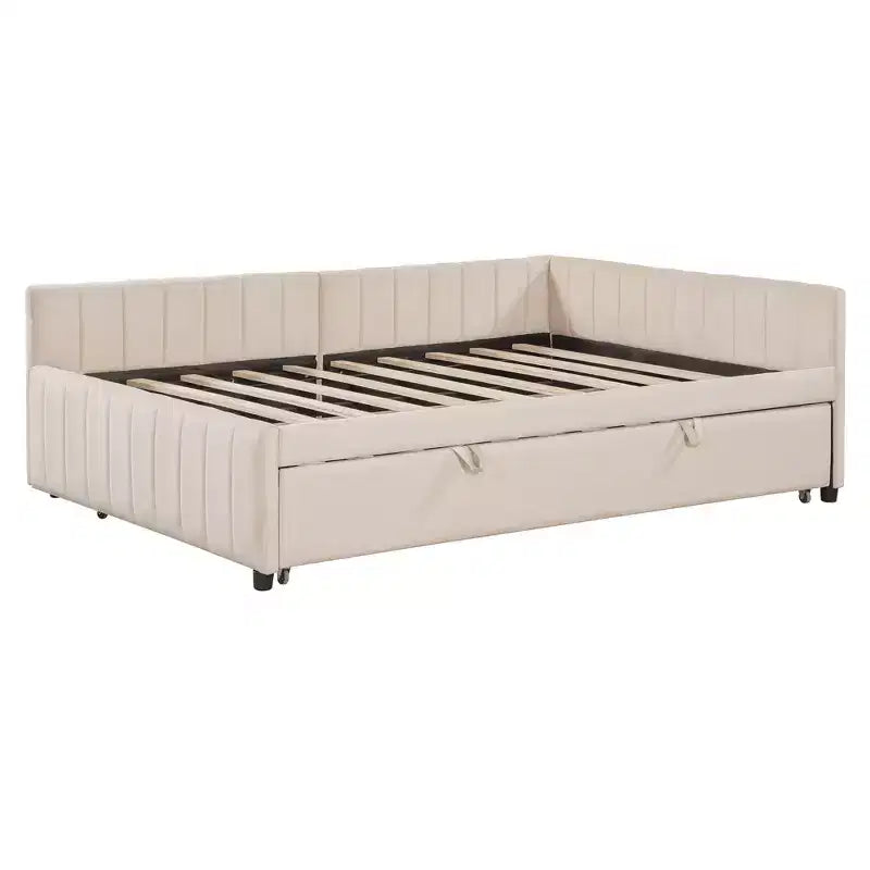 Full Size L Shaped Platform Bed with Pop Up Trundle, Wood Upholstered Corner Bed Frame for Bedroom