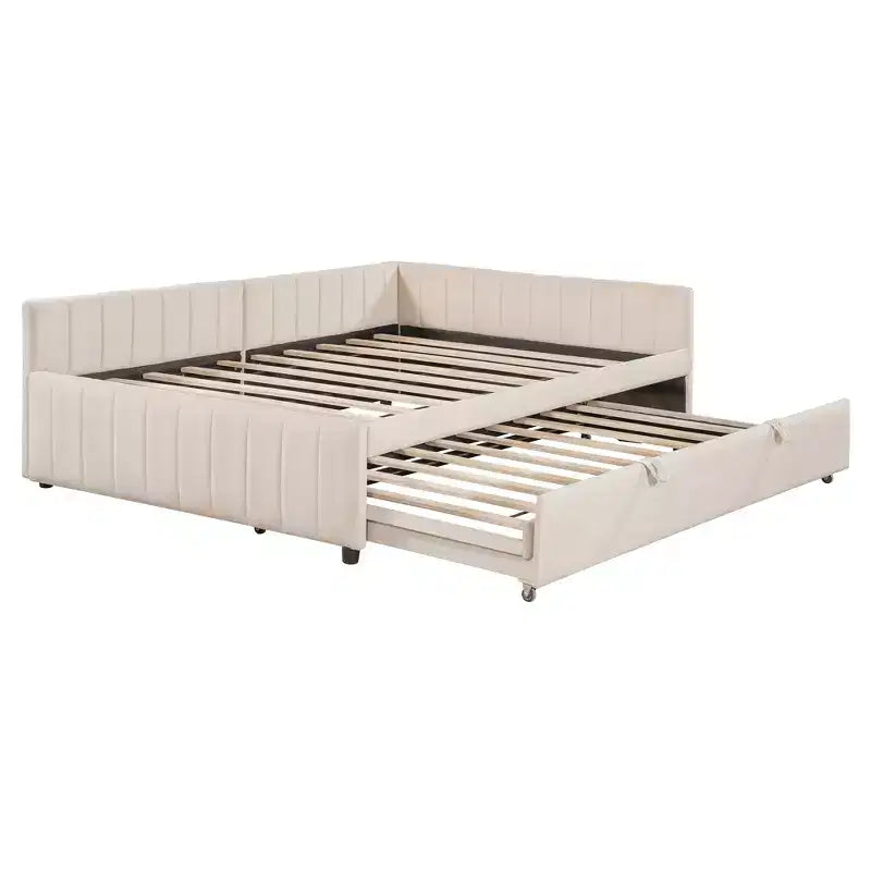 Full Size L Shaped Platform Bed with Pop Up Trundle, Wood Upholstered Corner Bed Frame for Bedroom