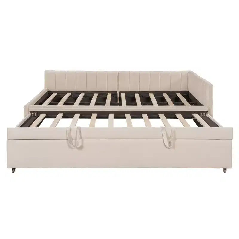 Full Size L Shaped Platform Bed with Pop Up Trundle, Wood Upholstered Corner Bed Frame for Bedroom