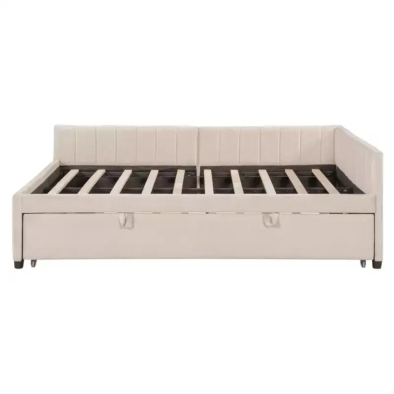 Full Size L Shaped Platform Bed with Pop Up Trundle, Wood Upholstered Corner Bed Frame for Bedroom