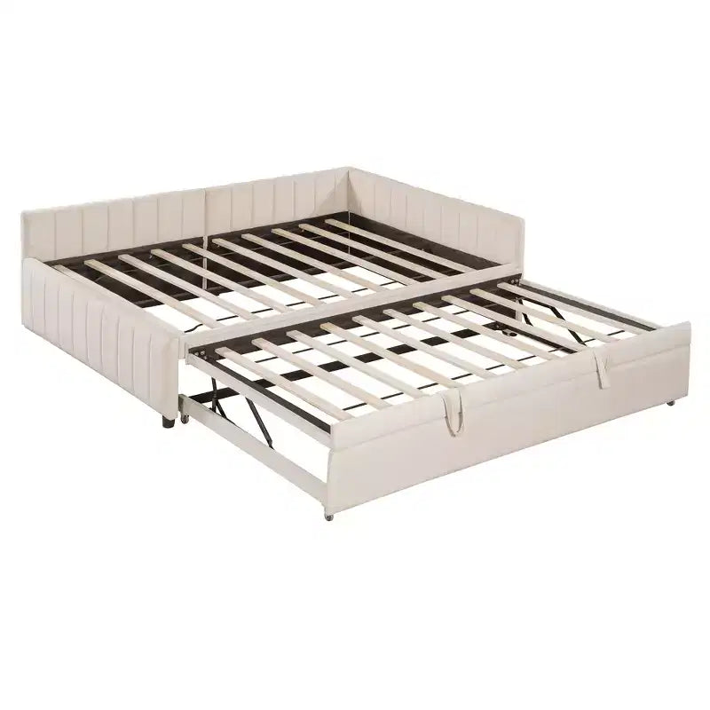 Full Size L Shaped Platform Bed with Pop Up Trundle, Wood Upholstered Corner Bed Frame for Bedroom