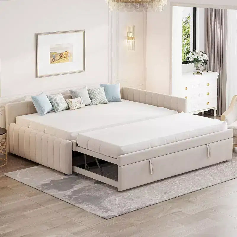 Full Size L Shaped Platform Bed with Pop Up Trundle, Wood Upholstered Corner Bed Frame for Bedroom