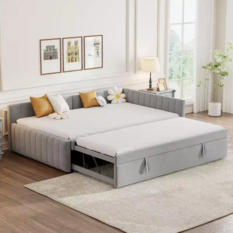 Full Size L Shaped Platform Bed with Pop Up Trundle, Wood Upholstered Corner Bed Frame for Bedroom