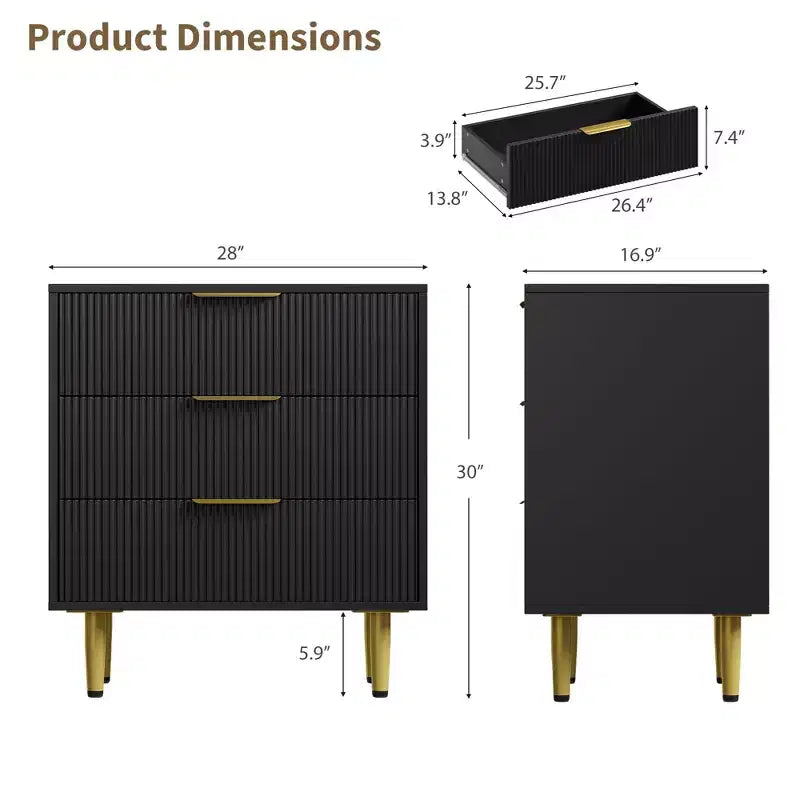 3/5/6 Drawer Dresser, Modern Black Fluted Dresser for Bedroom, Wood Chest of Drawers Nightstand with Metal Handles & Legs for Living Room, Entryway