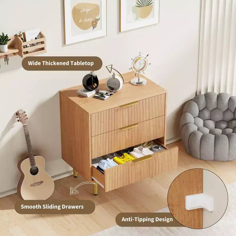 3/5/6 Drawer Dresser, Modern Black Fluted Dresser for Bedroom, Wood Chest of Drawers Nightstand with Metal Handles & Legs for Living Room, Entryway