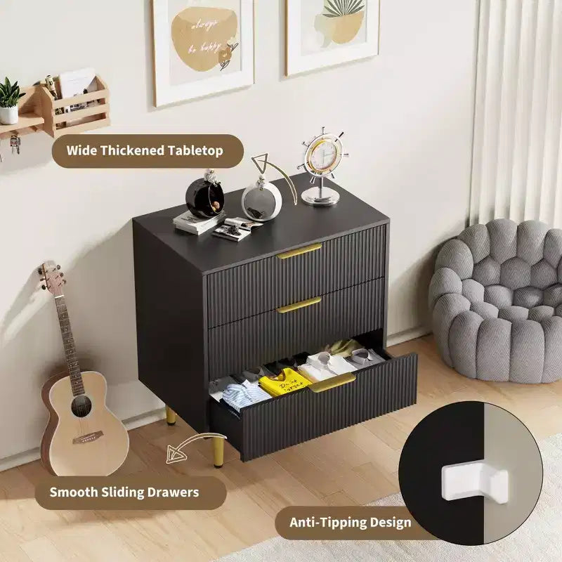 3/5/6 Drawer Dresser, Modern Black Fluted Dresser for Bedroom, Wood Chest of Drawers Nightstand with Metal Handles & Legs for Living Room, Entryway