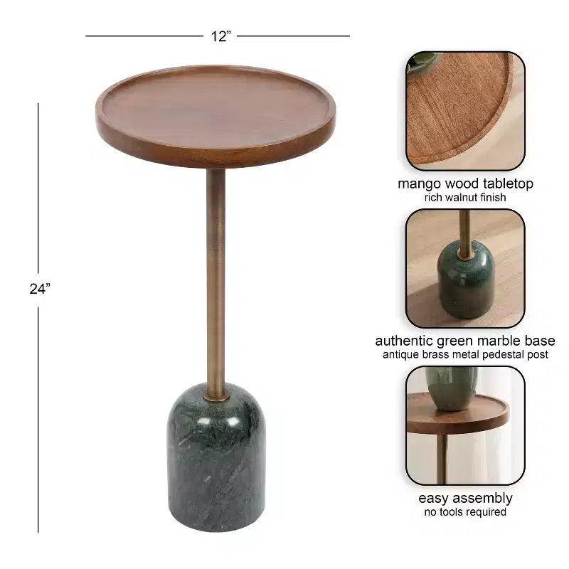 Kate and Laurel Shorrock Wood and Marble Side Table, 12x12x24, Walnut Brown and Gold
