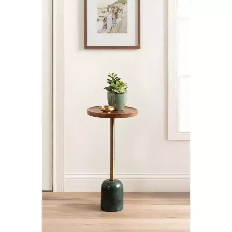 Kate and Laurel Shorrock Wood and Marble Side Table, 12x12x24, Walnut Brown and Gold