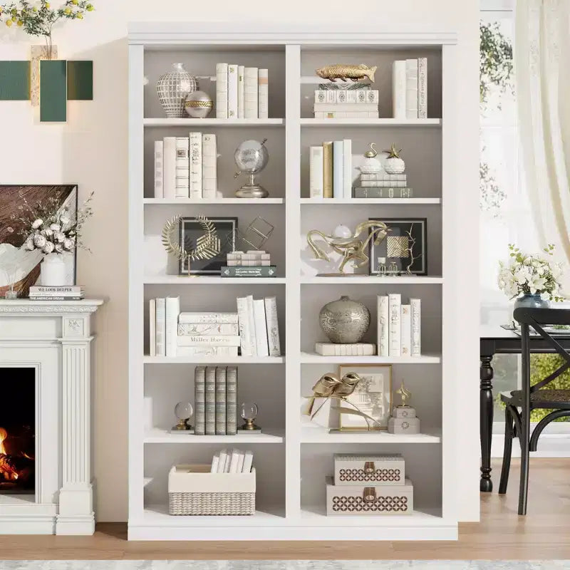 74.5 Tall Bookshelf with Double Storage, Extra Wide Bookshelf, 6-Tier Double Wide Book Shelf w/ 12 Cubbies, for Livingroom Library