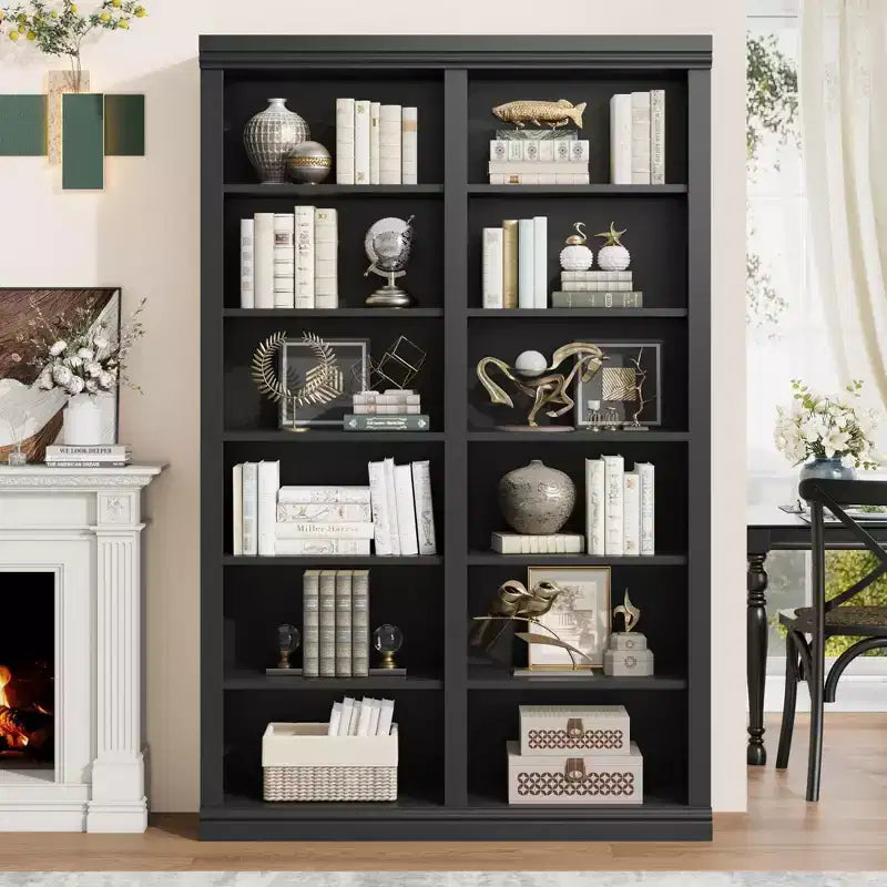 74.5 Tall Bookshelf with Double Storage, Extra Wide Bookshelf, 6-Tier Double Wide Book Shelf w/ 12 Cubbies, for Livingroom Library