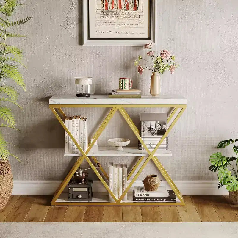 3 Tier Industrial Console Sofa Table with Storage, Entryway Table with Open Shelves, X-Shaped Metal Frame, Foyer Table for Entryway, Hallway