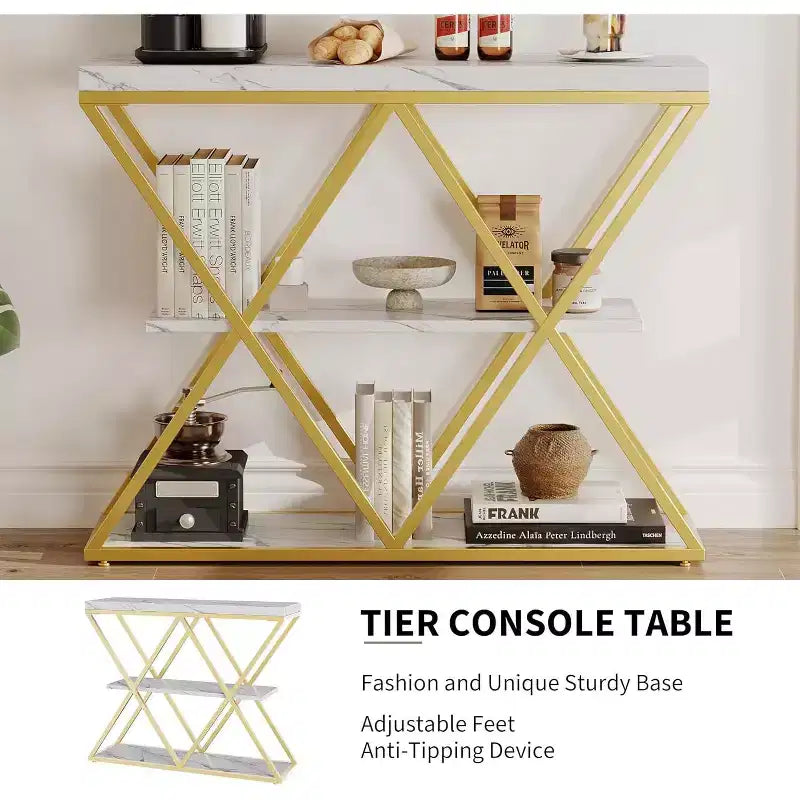 3 Tier Industrial Console Sofa Table with Storage, Entryway Table with Open Shelves, X-Shaped Metal Frame, Foyer Table for Entryway, Hallway