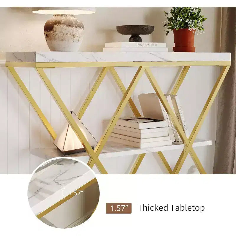 3 Tier Industrial Console Sofa Table with Storage, Entryway Table with Open Shelves, X-Shaped Metal Frame, Foyer Table for Entryway, Hallway