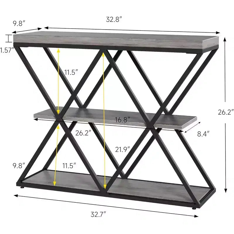 3 Tier Industrial Console Sofa Table with Storage, Entryway Table with Open Shelves, X-Shaped Metal Frame, Foyer Table for Entryway, Hallway