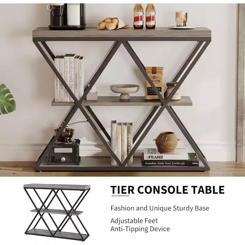 3 Tier Industrial Console Sofa Table with Storage, Entryway Table with Open Shelves, X-Shaped Metal Frame, Foyer Table for Entryway, Hallway