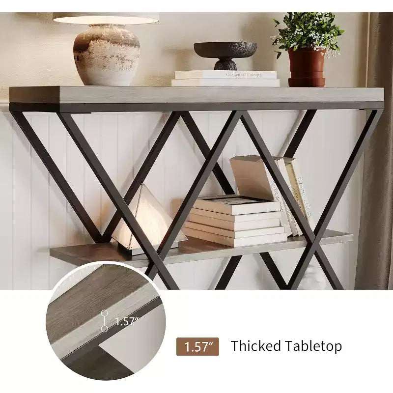 3 Tier Industrial Console Sofa Table with Storage, Entryway Table with Open Shelves, X-Shaped Metal Frame, Foyer Table for Entryway, Hallway