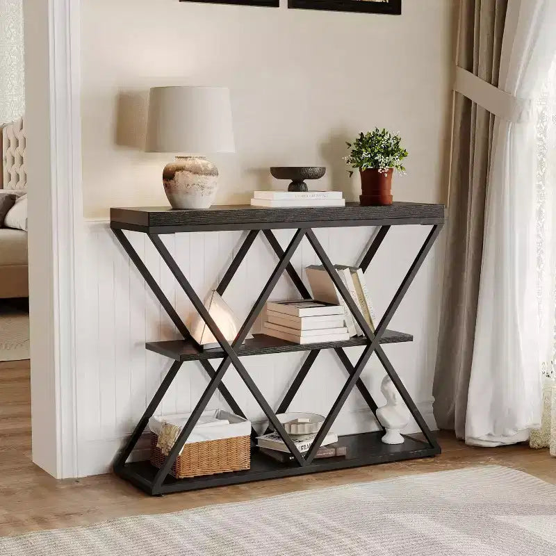 3 Tier Industrial Console Sofa Table with Storage, Entryway Table with Open Shelves, X-Shaped Metal Frame, Foyer Table for Entryway, Hallway