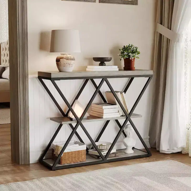 3 Tier Industrial Console Sofa Table with Storage, Entryway Table with Open Shelves, X-Shaped Metal Frame, Foyer Table for Entryway, Hallway