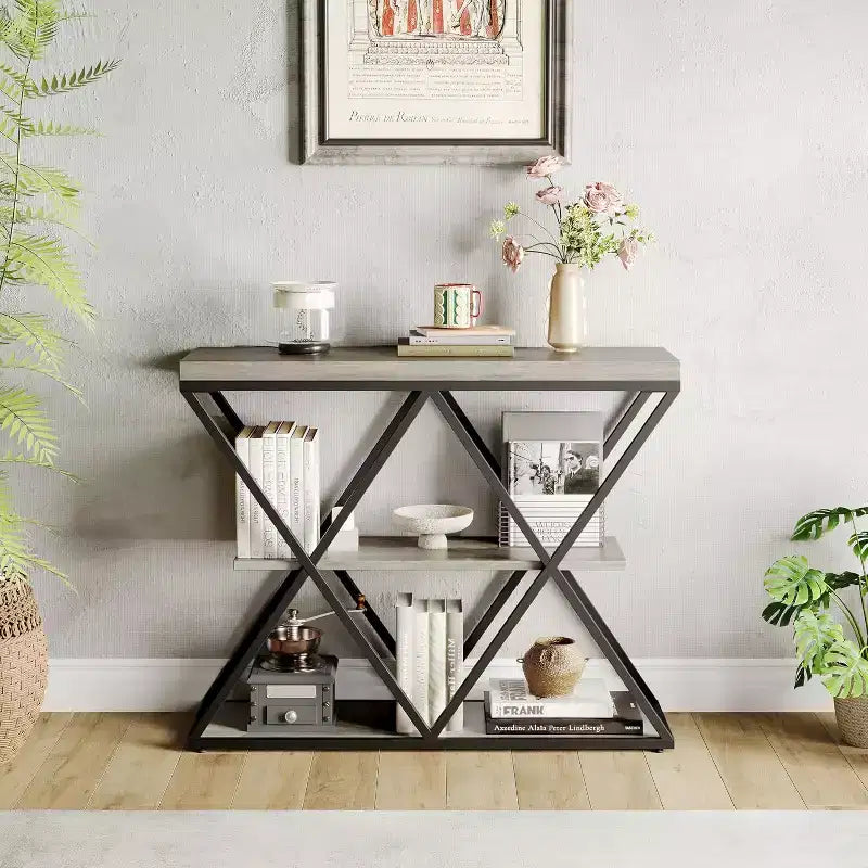 3 Tier Industrial Console Sofa Table with Storage, Entryway Table with Open Shelves, X-Shaped Metal Frame, Foyer Table for Entryway, Hallway