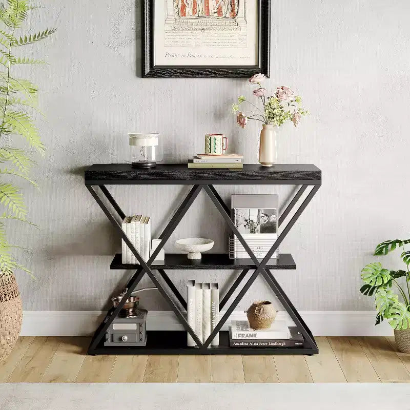 3 Tier Industrial Console Sofa Table with Storage, Entryway Table with Open Shelves, X-Shaped Metal Frame, Foyer Table for Entryway, Hallway