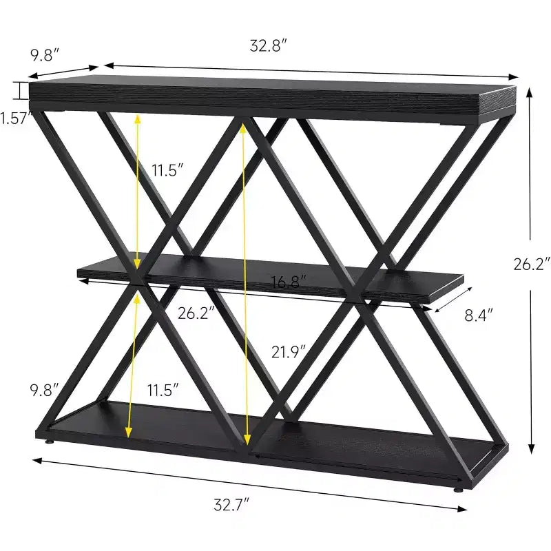 3 Tier Industrial Console Sofa Table with Storage, Entryway Table with Open Shelves, X-Shaped Metal Frame, Foyer Table for Entryway, Hallway